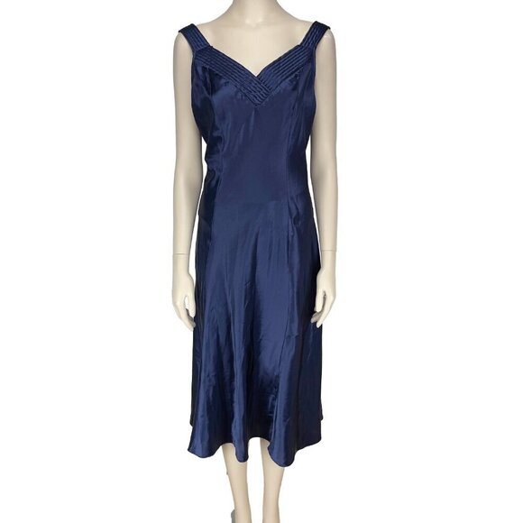 VINTAGE Satin Open Back Long Maxi Slip Dress Midnight Blue V-neck sz M - Picture 5 of 6